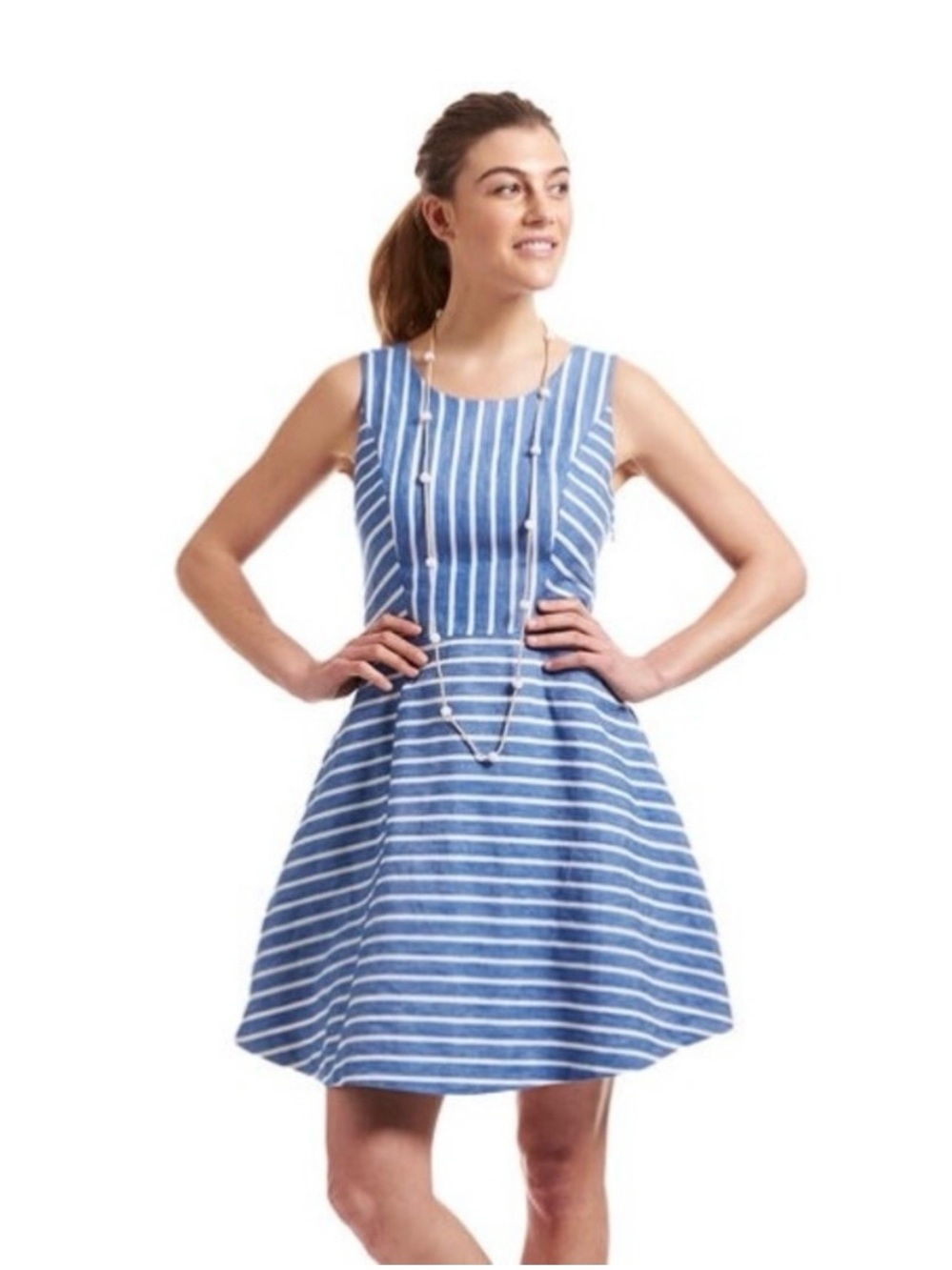🛍️Vineyard Vines Blue and White Striped Sleeveless A-Line Linen Dress - Picture 9 of 11